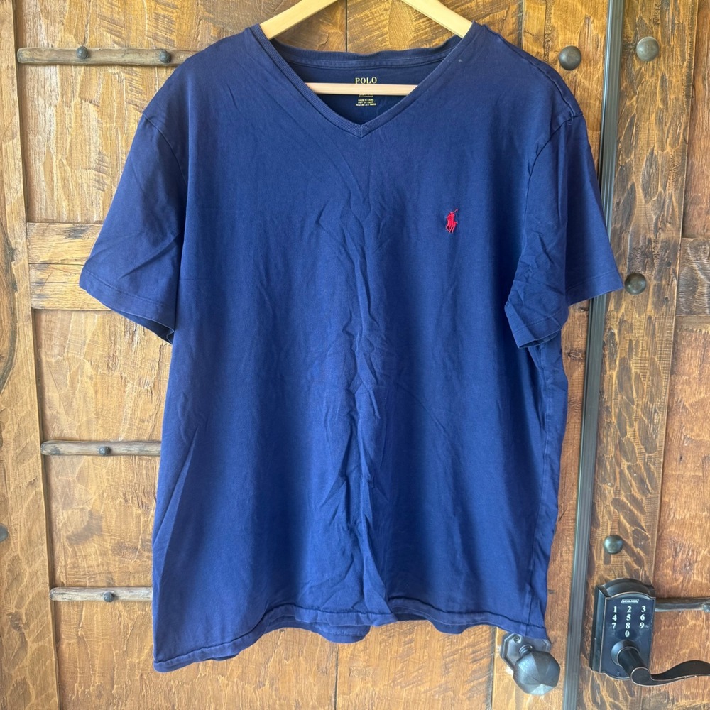 Polo Ralph Lauren T-Shirt Mens XL Navy Blue V-Neck Short Sleeve Pony Logo Tee